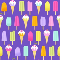 Seamless vector pattern with ice cream cones and popsicles. Summer background in bright color palette. - 506735903