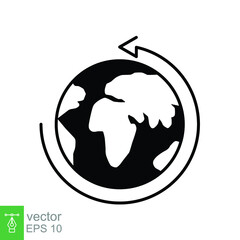 Earth globe icon. Simple solid style. Around planet with arrow. Glyph symbol. Vector illustration isolated on white background. EPS 10.