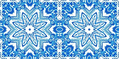  Blue white watercolor azulejo tile border background. Seamless coastal geometrical floral mosaic effect banner. Ornamental arabesque summer fashion repeat edge trim.