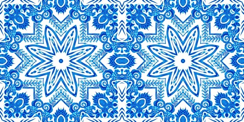  Blue white watercolor azulejo tile border background. Seamless coastal geometrical floral mosaic effect banner. Ornamental arabesque summer fashion repeat edge trim.