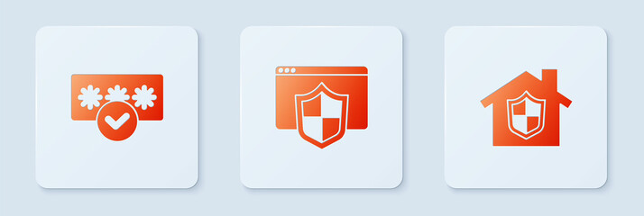 Set Browser with shield, Password protection and House under. White square button. Vector