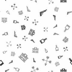 Set Revolver gun, Crossed arrows, Tequila bottle and Wild west saloon on seamless pattern. Vector