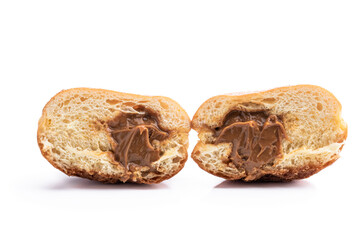 Tasty freshly baked doughnut with caramelized milk filling isolated on white background