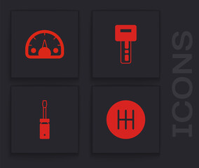 Set Gear shifter, Speedometer, Car key with remote and Screwdriver icon. Vector