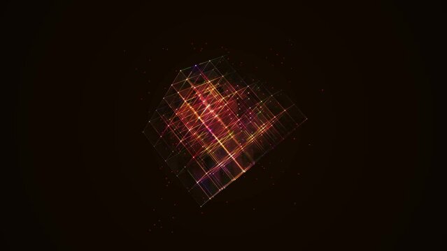 Graphic neon animated symbol of squares, rhomb, dots. Architecture maze. Pattern randomly rotating Rubik's Cube. Rainbow glow. Weightlessness. Background logo, technology, medicine, business. 4k.