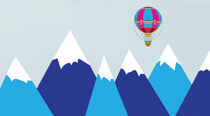 Fototapeta na wymiar Cartoon mountains with air balloon