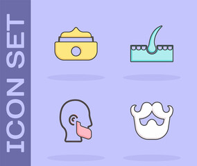Set Mustache and beard, Gel or wax for hair styling, and Human follicle icon. Vector