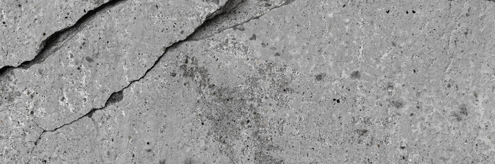 Texture of old cracked concrete wall. Rough gray concrete surface. Wide panoramic background for design.