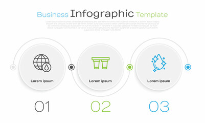 Set line Earth planet in water drop, Water filter and . Business infographic template. Vector