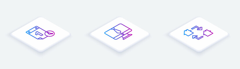 Set Isometric line Time management, Video chat conference and Online working. White square button. Vector