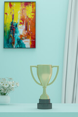 Golden trophy on the desktop. 3D illustration. 3d render