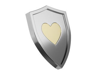 Steel shield with gold heart isolated on white background. 3D illustration.