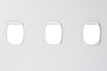 aircraft windows with curtains in different positions and blank copyspace inside. 3D illustration. 3d render