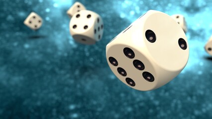 Rolling white-black dices under 
outer space background. 3D CG. 3D illustration. 3D high quality rendering.