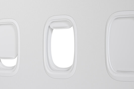 aircraft windows with curtains in different positions and blank copyspace inside. 3D illustration. 3d render