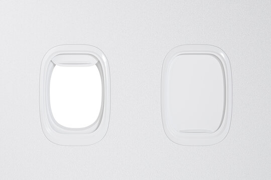 aircraft windows with curtains in different positions and blank copyspace inside. 3D illustration. 3d render