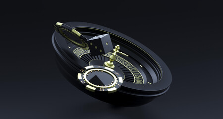 Casino background. Luxury Casino roulette wheel on black background. Online casino theme. Close-up white casino roulette with a chips and dice. Poker game table. 3d rendering illustration.