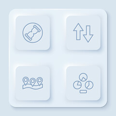 Set line Old hourglass with sand, Arrow, Location and Pie chart infographic. White square button. Vector