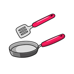 Frying pan with spatula vector illustration in cute hand drawn style isolated on white background