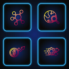 Set line Time management, Financial growth dollar, Project team base and Search globe. Gradient color icons. Vector