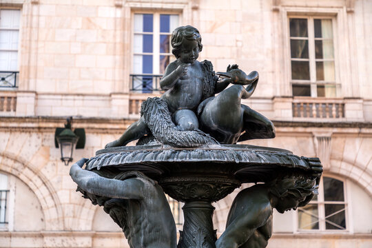 Ornamental fountain at the Sainte-Croix Square in Orleans, France