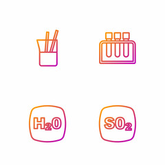Set line Sulfur dioxide SO2, Chemical formula H2O, Laboratory glassware and Test tube. Gradient color icons. Vector