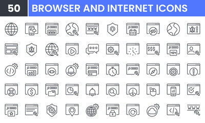 Fototapeta na wymiar Browser and Internet vector line icon set. Contains linear outline icons like Setting, Host, Web, SEO, Find, Homepage, Cloud, Cyberspace, Cyber Security, Malware, Software. Editable use and stroke.