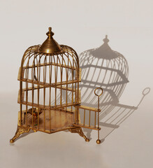 Brass birdcage with open door casts a shadow in the background. This is a closeup photo of a round empty bird cage that has legs and a fancy finial at the top.                     