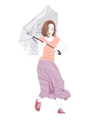 暴風雨の中の若い女性イラスト - obrazy, fototapety, plakaty