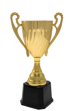 Winning prize trophy, championship winner, sports contest reward, win award concept with realistic shiny gold cup isolated on white background with clipping path cutout