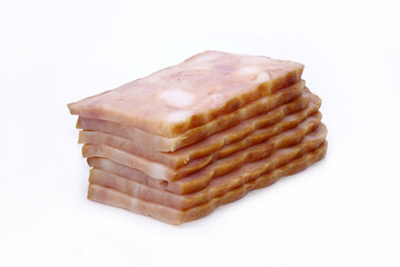 Minced smoked pork slices, thick cut marble bacon isolated on white background