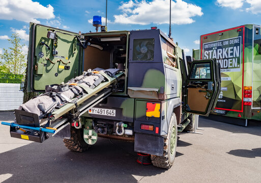 German army ambulance exhibited at the RettMobil trade fair in Fulda, Germany.