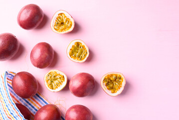 Passion fruit on pink background, Tropical fruit in summer season