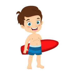 Cartoon boy surfer holding surfboard