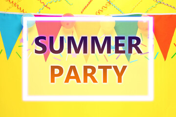 Bunting with colorful triangular flags and other festive decor on yellow background, flat lay. Summer Party