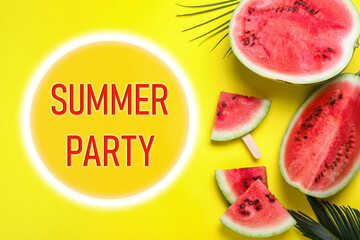 Delicious ripe watermelon and tropical leaves on yellow background, flat lay. Summer Party