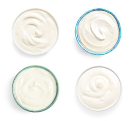 Set with tasty yogurts on white background, top view