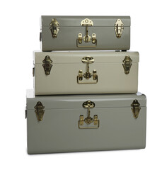 Stylish storage trunks on white background. Interior elements