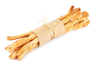 Delicious grissini isolated on white. Crusty breadsticks