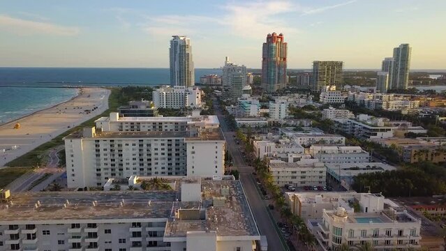 Aerial view overlooking the Ocean drive street in South of Fifth, Miami, sunrise in Florida, USA