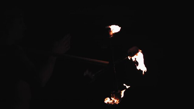 Super slow motion of fire spinner with fire. Filmed on a high-speed cinema camera, 1000 fps