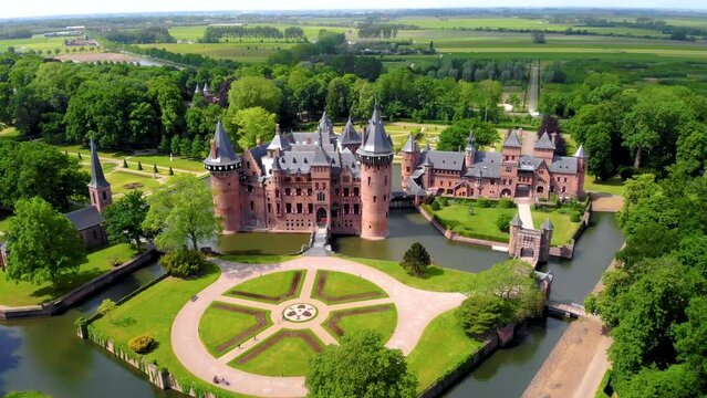 Kasteel de Haar Utrecht Netherlands, old historical garden at castle de Haar Netherlands Utrecht on a bright summer day,  