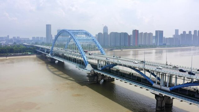 aerial view of fuxing grand bridge over qiantang river
