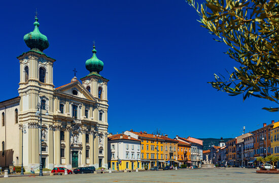 View of building of baroque Church of St. Ignatius on Victory Square (Piazza della Vittoria), Gorizia, Italy