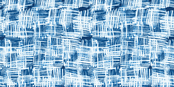 Seamless Scribbled Crosshatch Patchwork Squares Pattern In Indigo Blue And White. High Resolution Textile Background Texture