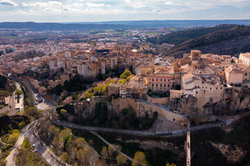 Fototapeta na wymiar Drone view of the picturesque quarters of the city Cuenca. Castilla-La Mancha, Spain