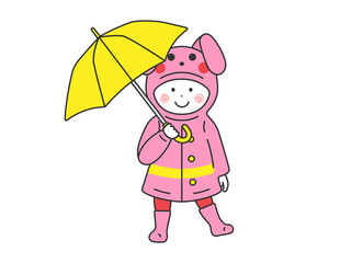 傘をさして、ウサギのレインコートを着ている、女の子のイラスト