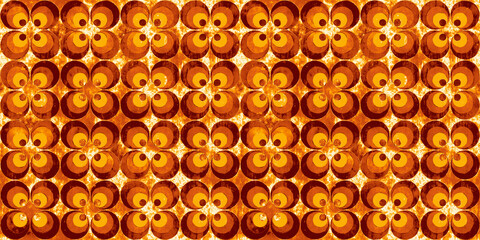 Seamless Vintage 70s retro concentric circles kitchen wallpaper pattern in a nostalgic cozy warm rust red, orange, brown and yellow palette. A grungy 8k background textile texture.