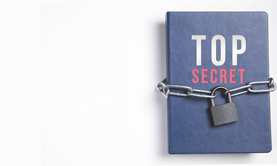 The book is locked under lock and key on a white background. Secret archive.