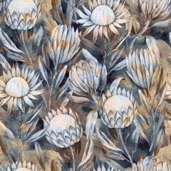 Vintage seamless pattern with hand painted luxury glittering protea flowers.